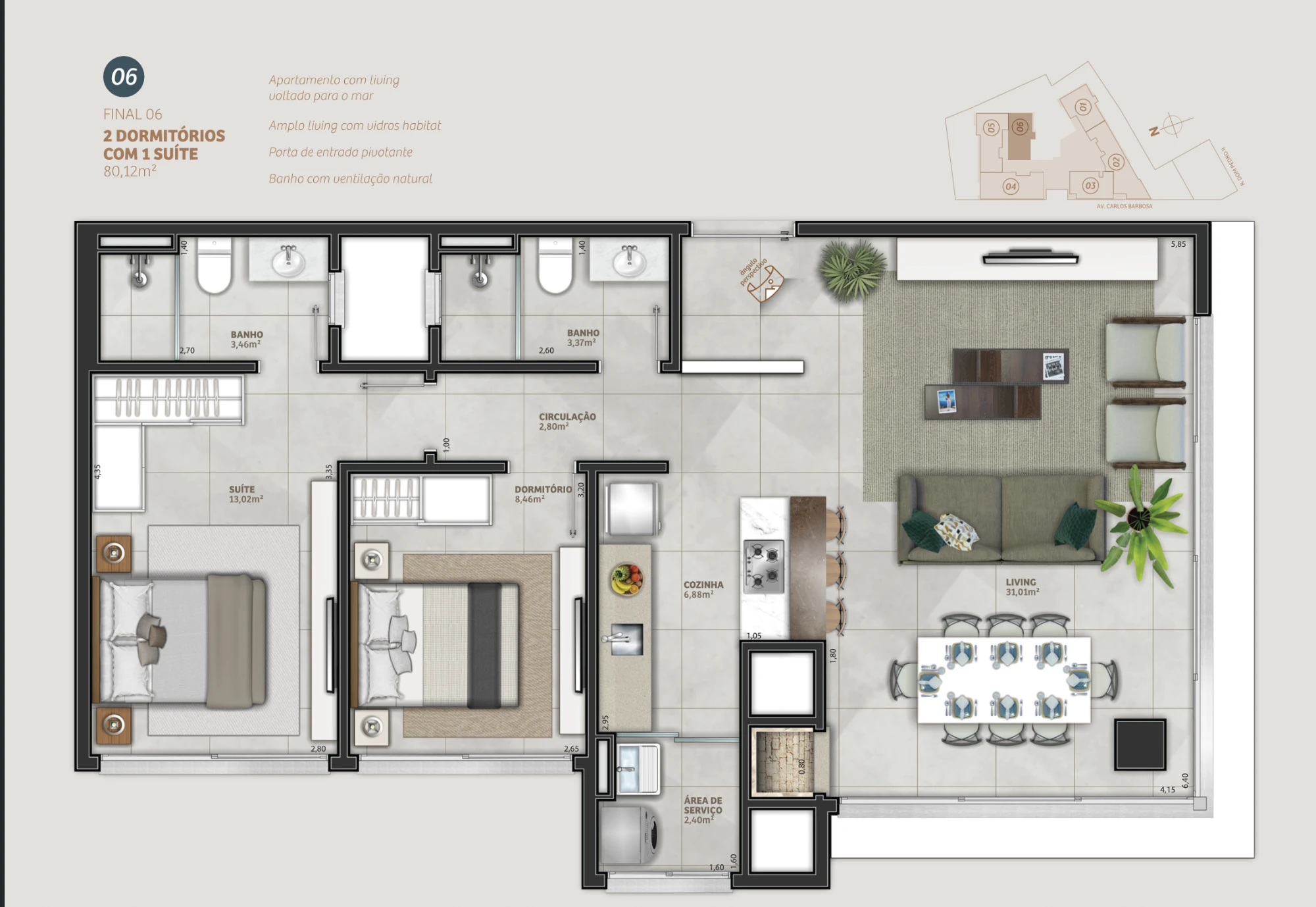 Planta do apartamento final 06 do Mirage Residencial, em Torres: 2 dormitórios com 1 suíte, living de 31,01 m² voltado para o mar e cozinha integrada, 80,12 m² no total
