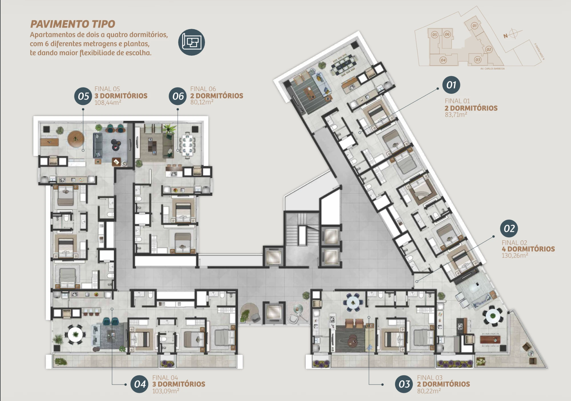 Planta do pavimento tipo do Mirage Residencial, em Torres, com os seis apartamentos do andar identificados por final, de 80,12 a 130,26 m²